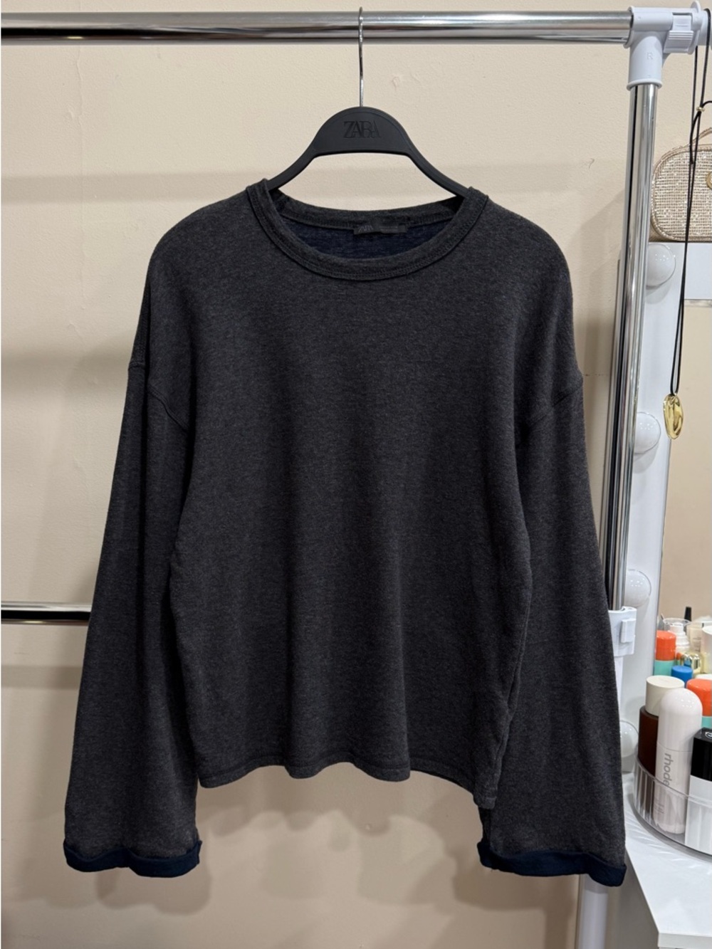ZARA Dark Gray Long Sleeve Top Size S Cropped Relaxed Basic Minimal